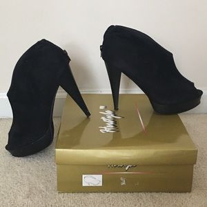 Black Faux Suede Open Toe High Heel Pump